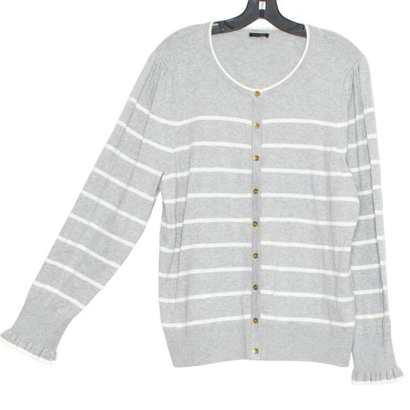 Talbots Cardigan Sweater Cottage Academia Minimalist Preppy Cozy Stripe Gray XL - Picture 1 of 6